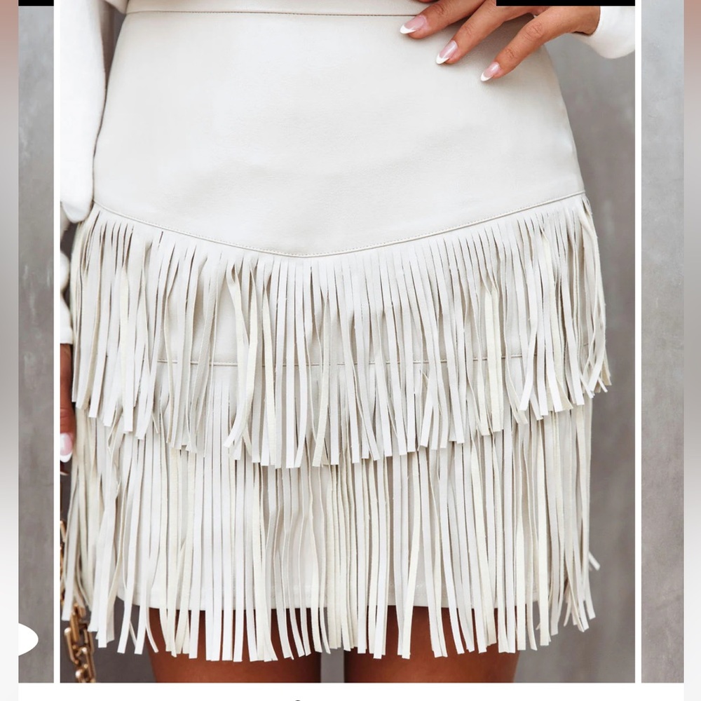 MOST WANTED FRINGE FAUX LEATHER SKIRT - BONE